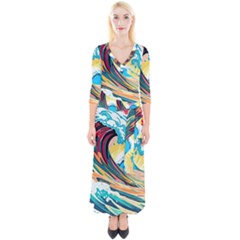 Ai Generated Waves Ocean Sea Tsunami Nautical Blue Sea (2) Quarter Sleeve Wrap Maxi Dress by Cowasu