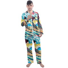 Ai Generated Waves Ocean Sea Tsunami Nautical Blue Sea (2) Men s Long Sleeve Satin Pajamas Set by Cowasu