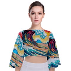 Ai Generated Waves Ocean Sea Tsunami Nautical Blue Sea (2) Tie Back Butterfly Sleeve Chiffon Top by Cowasu