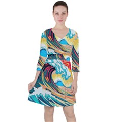 Ai Generated Waves Ocean Sea Tsunami Nautical Blue Sea (2) Quarter Sleeve Ruffle Waist Dress by Cowasu