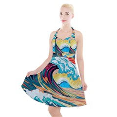 Ai Generated Waves Ocean Sea Tsunami Nautical Blue Sea (2) Halter Party Swing Dress  by Cowasu