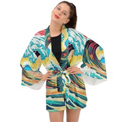 Ai Generated Waves Ocean Sea Tsunami Nautical Blue Sea (2) Long Sleeve Kimono