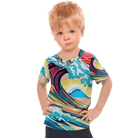 Ai Generated Waves Ocean Sea Tsunami Nautical Blue Sea (2) Kids  Sports Tee by Cowasu