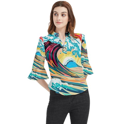 Ai Generated Waves Ocean Sea Tsunami Nautical Blue Sea (2) Loose Horn Sleeve Chiffon Blouse by Cowasu