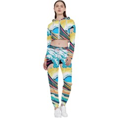 Ai Generated Waves Ocean Sea Tsunami Nautical Blue Sea (2) Cropped Zip Up Lounge Set by Cowasu