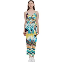 Ai Generated Waves Ocean Sea Tsunami Nautical Blue Sea (2) V-neck Spaghetti Strap Tie Front Jumpsuit by Cowasu