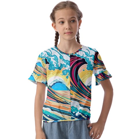 Ai Generated Waves Ocean Sea Tsunami Nautical Blue Sea (2) Kids  Cuff Sleeve Scrunch Bottom Tee by Cowasu