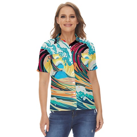 Ai Generated Waves Ocean Sea Tsunami Nautical Blue Sea (2) Women s Short Sleeve Double Pocket Shirt by Cowasu