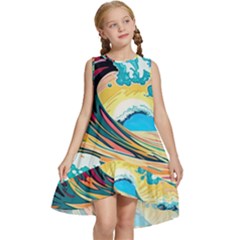 Ai Generated Waves Ocean Sea Tsunami Nautical Blue Sea (2) Kids  Frill Swing Dress by Cowasu