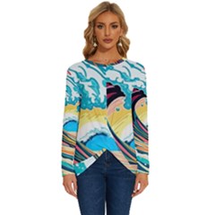 Ai Generated Waves Ocean Sea Tsunami Nautical Blue Sea (2) Long Sleeve Crew Neck Pullover Top by Cowasu