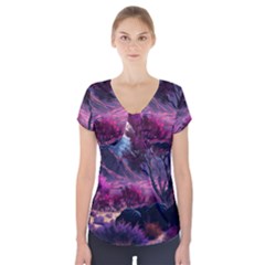 Landscape Landscape Painting Purple Purple Trees Short Sleeve Front Detail Top by Cowasu