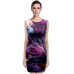 Landscape Landscape Painting Purple Purple Trees Sleeveless Velvet Midi Dress