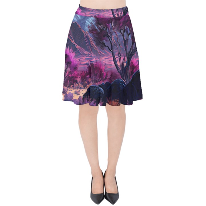 Landscape Landscape Painting Purple Purple Trees Velvet High Waist Skirt