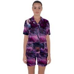 Landscape Landscape Painting Purple Purple Trees Satin Short Sleeve Pajamas Set by Cowasu