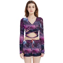 Landscape Landscape Painting Purple Purple Trees Velvet Wrap Crop Top And Shorts Set by Cowasu