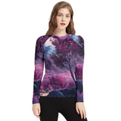 Landscape Landscape Painting Purple Purple Trees Women s Long Sleeve Rash Guard by Cowasu