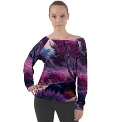 Landscape Landscape Painting Purple Purple Trees Off Shoulder Long Sleeve Velour Top