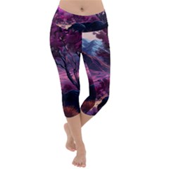 Landscape Landscape Painting Purple Purple Trees Lightweight Velour Capri Yoga Leggings by Cowasu