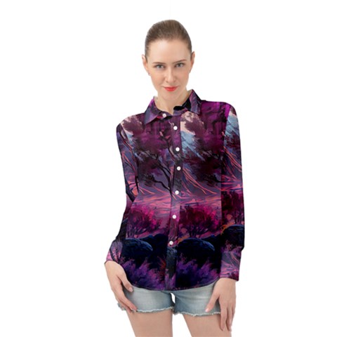 Landscape Landscape Painting Purple Purple Trees Long Sleeve Chiffon Shirt by Cowasu