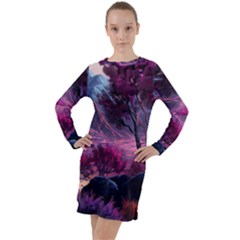 Landscape Landscape Painting Purple Purple Trees Long Sleeve Hoodie Dress by Cowasu