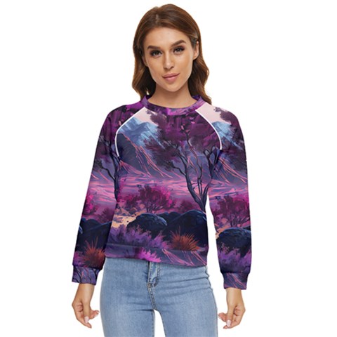 Landscape Landscape Painting Purple Purple Trees Women s Long Sleeve Raglan Tee by Cowasu