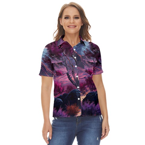 Landscape Landscape Painting Purple Purple Trees Women s Short Sleeve Double Pocket Shirt by Cowasu