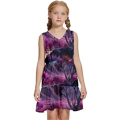 Landscape Landscape Painting Purple Purple Trees Kids  Sleeveless Tiered Mini Dress by Cowasu