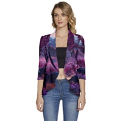 Landscape Landscape Painting Purple Purple Trees Women s 3/4 Sleeve Ruffle Edge Open Front Jacket by Cowasu