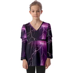 Storm Flashlight Space Nature Kids  V Neck Casual Top by Cowasu