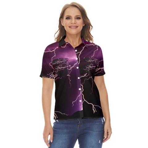 Storm Flashlight Space Nature Women s Short Sleeve Double Pocket Shirt by Cowasu