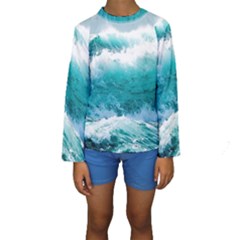 Ai Generated Waves Ocean Sea Tsunami Nautical Blue Sea Kids  Long Sleeve Swimwear by Cowasu