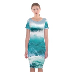 Ai Generated Waves Ocean Sea Tsunami Nautical Blue Sea Classic Short Sleeve Midi Dress by Cowasu