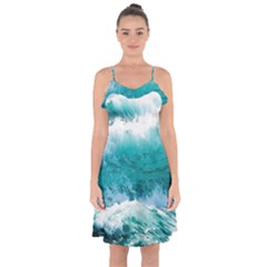 Ai Generated Waves Ocean Sea Tsunami Nautical Blue Sea Ruffle Detail Chiffon Dress by Cowasu