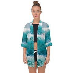 Ai Generated Waves Ocean Sea Tsunami Nautical Blue Sea Open Front Chiffon Kimono