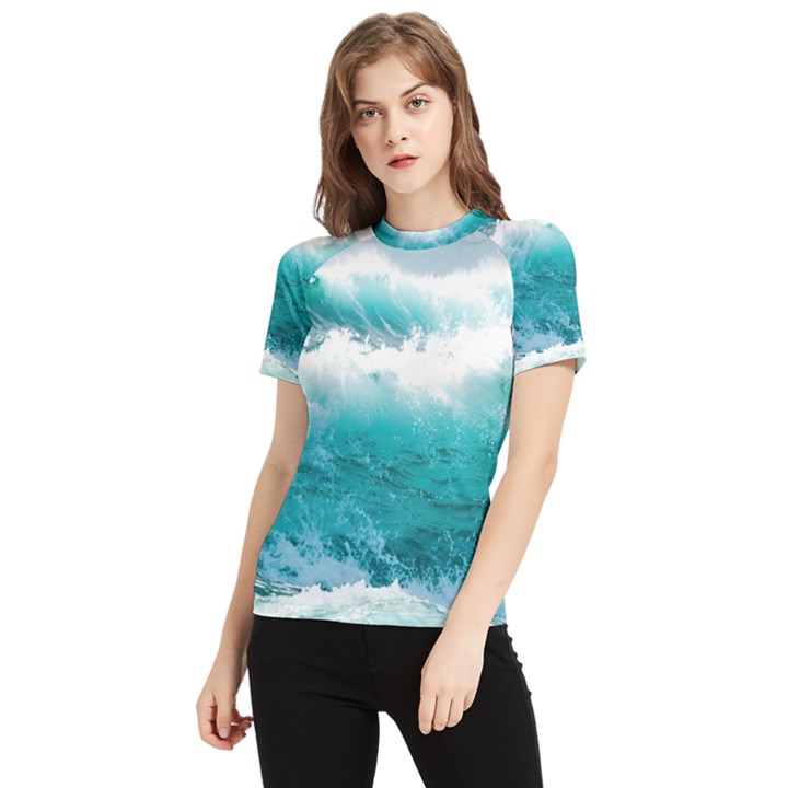 Ai Generated Waves Ocean Sea Tsunami Nautical Blue Sea Women s Short Sleeve Rash Guard