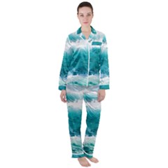 Ai Generated Waves Ocean Sea Tsunami Nautical Blue Sea Women s Long Sleeve Satin Pajamas Set	 by Cowasu