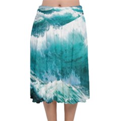 Ai Generated Waves Ocean Sea Tsunami Nautical Blue Sea Velvet Flared Midi Skirt by Cowasu