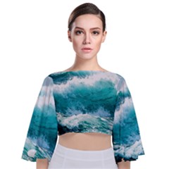 Ai Generated Waves Ocean Sea Tsunami Nautical Blue Sea Tie Back Butterfly Sleeve Chiffon Top by Cowasu