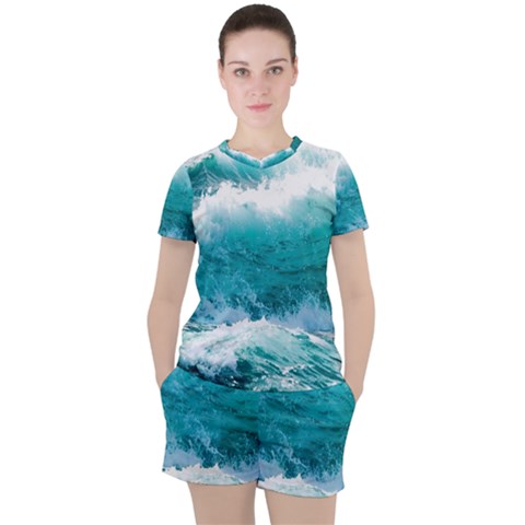 Ai Generated Waves Ocean Sea Tsunami Nautical Blue Sea Women s Tee And Shorts Set by Cowasu