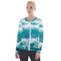 Ai Generated Waves Ocean Sea Tsunami Nautical Blue Sea Velvet Zip Up Jacket by Cowasu