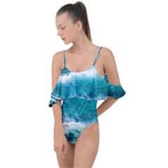 Ai Generated Waves Ocean Sea Tsunami Nautical Blue Sea Drape Piece Swimsuit by Cowasu