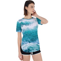 Ai Generated Waves Ocean Sea Tsunami Nautical Blue Sea Perpetual Short Sleeve T-shirt by Cowasu