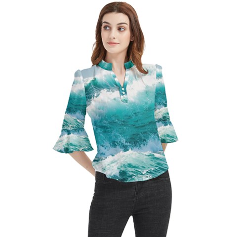 Ai Generated Waves Ocean Sea Tsunami Nautical Blue Sea Loose Horn Sleeve Chiffon Blouse by Cowasu