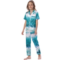 Ai Generated Waves Ocean Sea Tsunami Nautical Blue Sea Kids  Satin Short Sleeve Pajamas Set by Cowasu