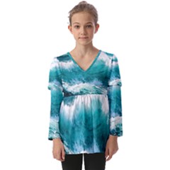 Ai Generated Waves Ocean Sea Tsunami Nautical Blue Sea Kids  V Neck Casual Top