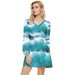 Ai Generated Waves Ocean Sea Tsunami Nautical Blue Sea Tiered Long Sleeve Mini Dress by Cowasu