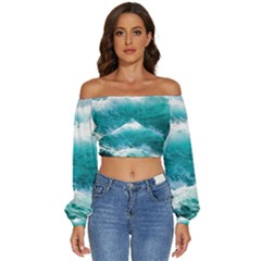 Ai Generated Waves Ocean Sea Tsunami Nautical Blue Sea Long Sleeve Crinkled Weave Crop Top by Cowasu