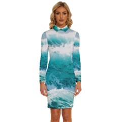 Ai Generated Waves Ocean Sea Tsunami Nautical Blue Sea Long Sleeve Shirt Collar Bodycon Dress by Cowasu