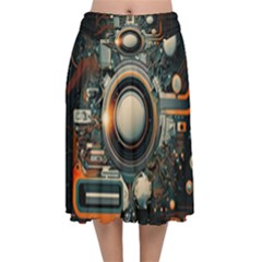 Illustrations Technology Robot Internet Processor Velvet Flared Midi Skirt by Cowasu