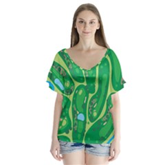 Golf Course Par Golf Course Green V-neck Flutter Sleeve Top by Cowasu